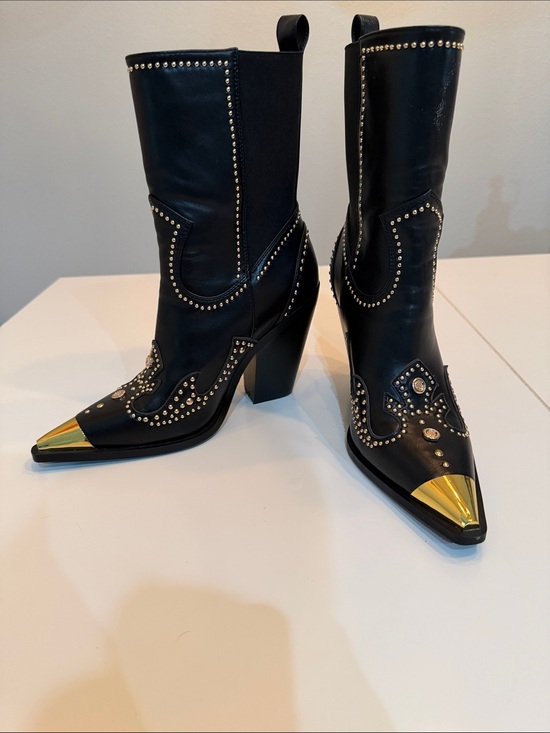 Azalea Wang Shoes - Black Studded Western Heeled Boots with Gold Toe Caps